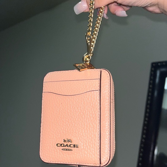 Coach Accessories Coach Zip Card Case With Chain Strap In Goldfaded Blush Pink Pebble